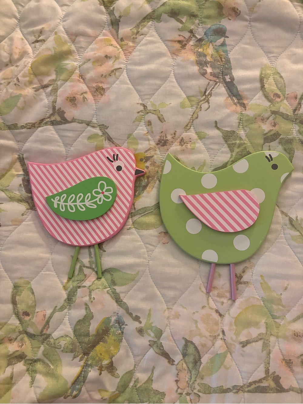 Wooden Bird Wall Hanging Decor Set Pink Green Polka Dot Striped Dopamine Decor S
